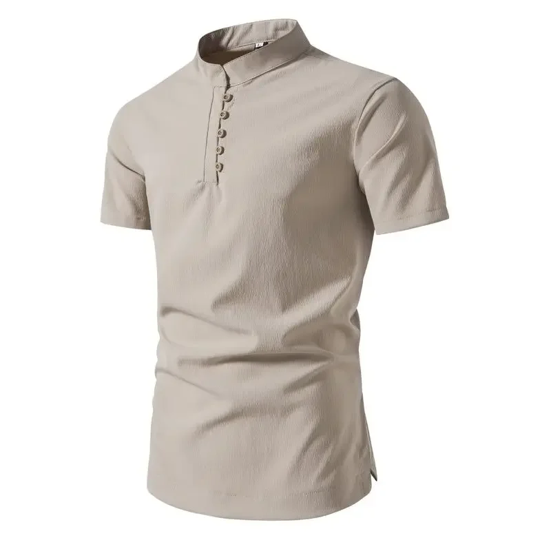 Summer Solid Color Stand Collar Shirts Men Short Sleeve Casual Tops Fashion Slim Fit Mens White Pullover Shirt Plus Size M-5XL