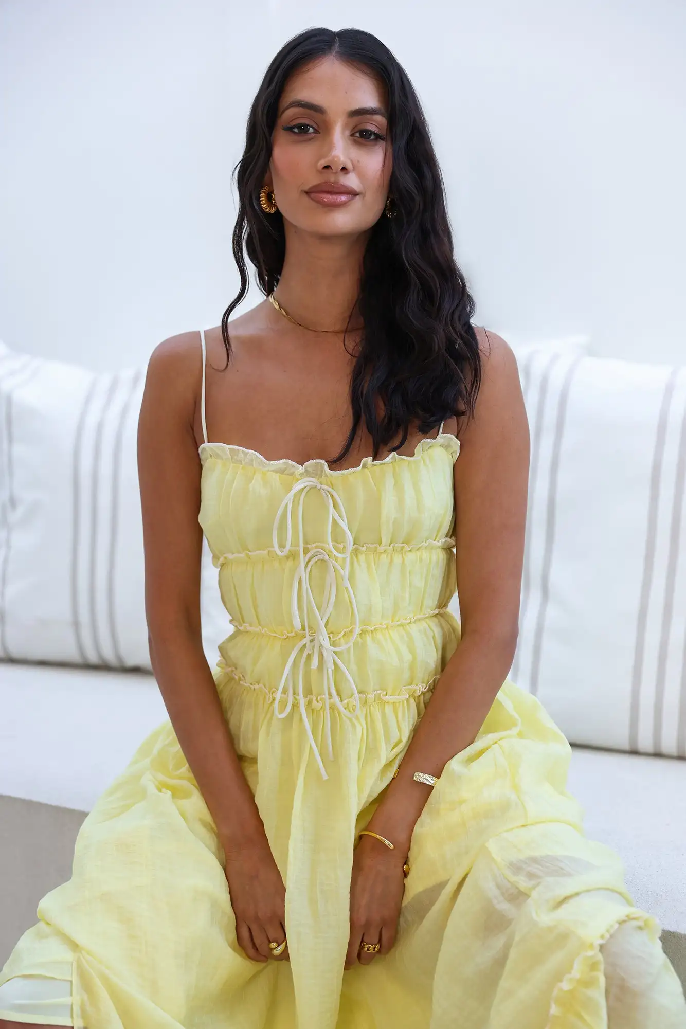 Vestido maxi feminino com babados e tiras na cintura, gravata frontal em camadas, vestido longo fluido, verão, cottagecore, férias, resort