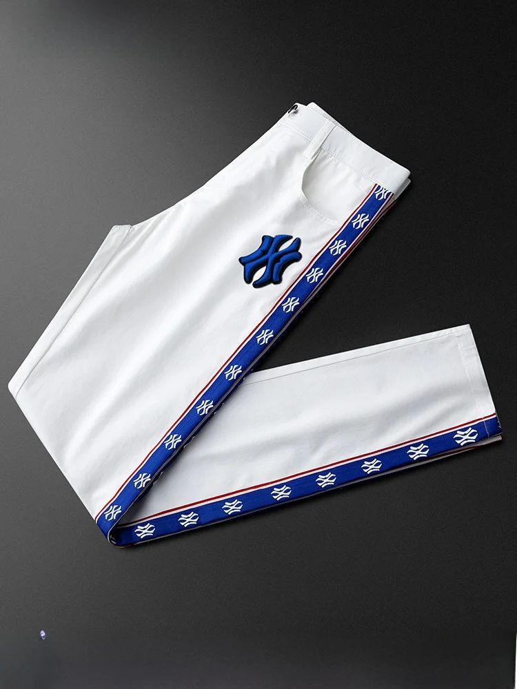 

White Embroidered Slim Fit Casual Pants for Men Summer Thin Faionable Youth Side Stripe Trousers Cotton Polyester Blend
