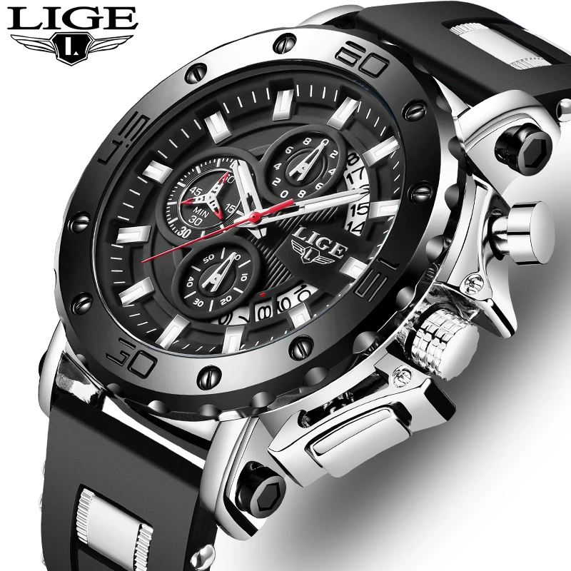 

Часы наручные LIGE Мужские кварцевые, брендовые Роскошные модные деловые водонепроницаемые светящиеся повседневные спортивные с большим циферблатом, с секундомером и коробкой