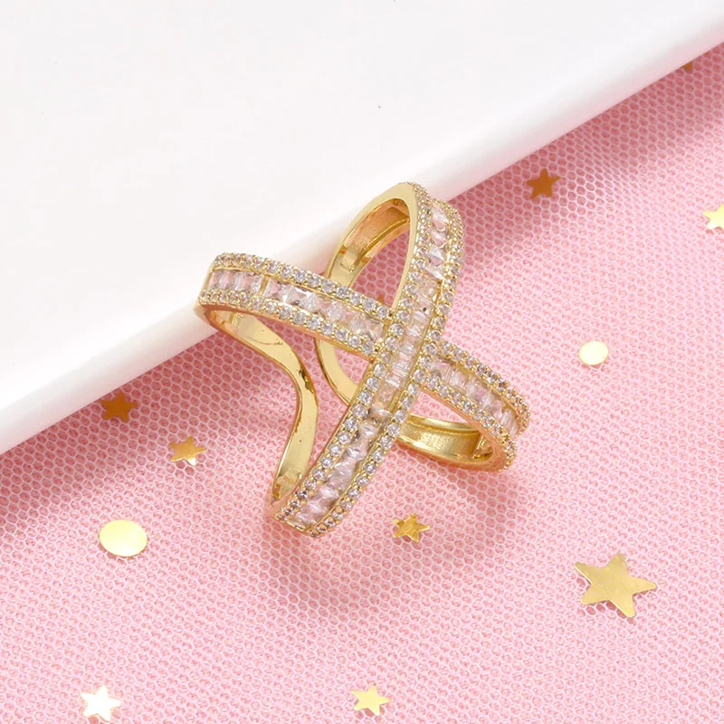 ZHUKOU X shape rings for women gold color silver color shiny zircon Woman rings creative opening rings jewelry wholesale VJ392