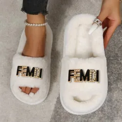 Fashion Luxury Design Home Slippers Women Solid Color Open Toe Indoor 2023 Winter Flat Non-slip Leisure Interior Female Shoes