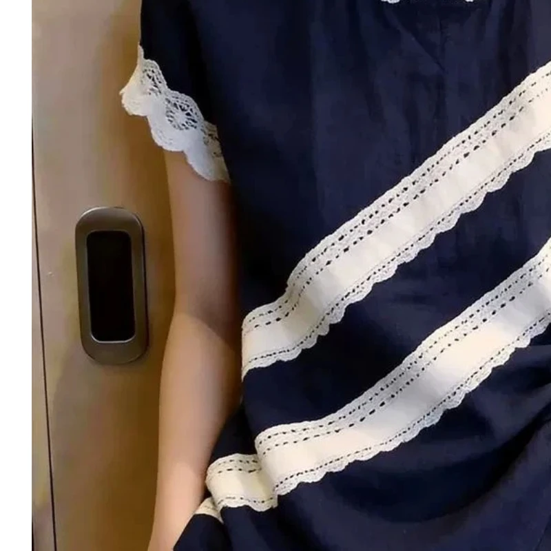 Temperament Lace Patchwork Contrast Patchwork Blouse Short Sleeve All-match Elegant Shirts Fashion Office Summer Women Clothing