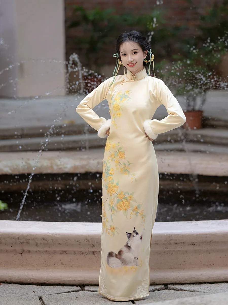 

Длинное платье Ele с пуговицами и цветочным узором для девочек, в ретро-китайском стиле, для повседневной носки