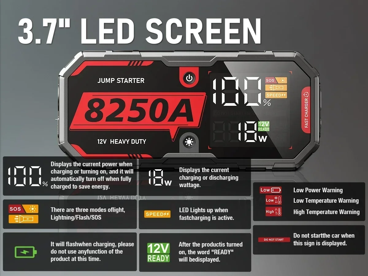 12V 8250A Portable Car Battery Booster Jump Starter Pack For Up To 12L Gas & 10L Diesel Engines With Jumper Cable