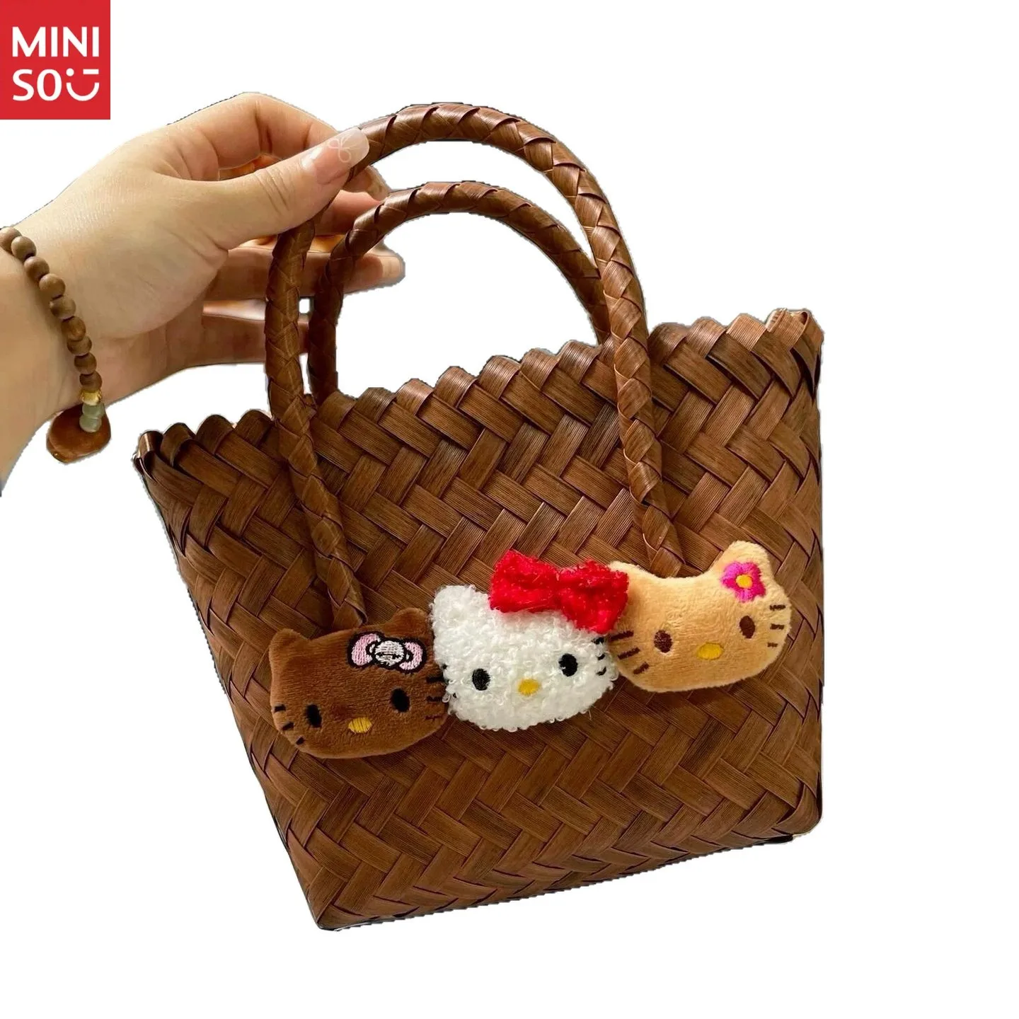 Miniso Hello Kitty Retro Woven Handbag, Fake Rattan Basket Purse for Beach Gift & Daily Use
