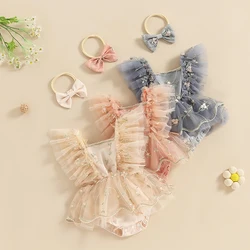 Infant Baby Girls Romper Dress Fly Sleeve Square-Neck Floral Embroidery Tulle Jumpsuit with Bow Headband Children's Clothing