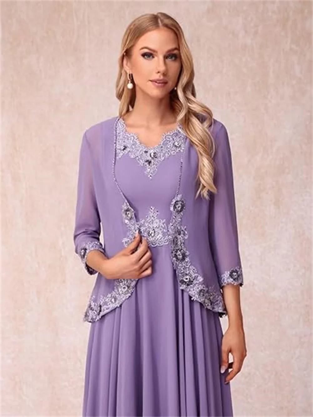 3/4 manica madre della sposa abiti 2 pezzi con giacca alla caviglia pizzo Chiffon formale abito da sposa abito lungo da ballo