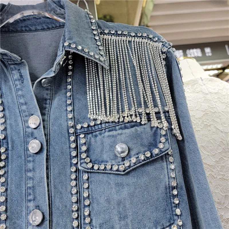 Frühling Herbst Straße Denim Jacke Frauen Kette Quaste Diamant Revers Langarm Einreiher Tops Jean Mäntel Weibliche Oberbekleidung