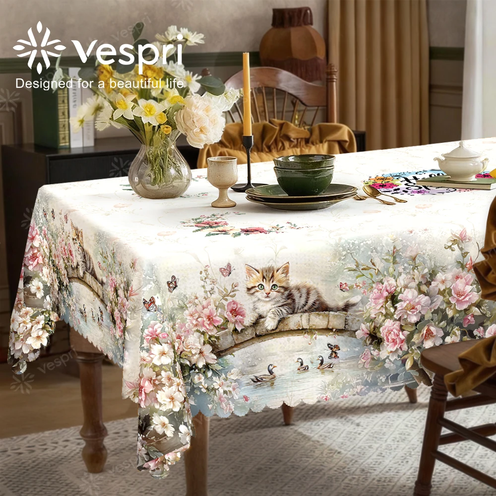 Floral Tablecloth with Lavender, Roses, Watering Cans for Indoor/Outdoor Camping decor, Rectangular/Round/Oval