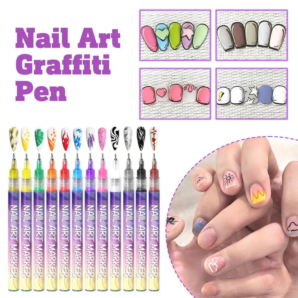 

12Pcs DIY Quick-drying Dot Flowers Liner Pen Set Color 3D Nail Art Graffiti Pens Ultra Fine Tip Waterproof Nail Artist Tool
