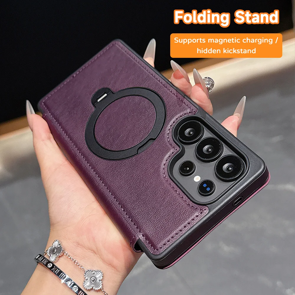 Magnetic Leather Wallet Bracket Case For Samsung S25 Ultra S26 S24 A55 A56 A16 A17 S23 Plus S22 A57 A36 A35 A27 A26 A15 Covers