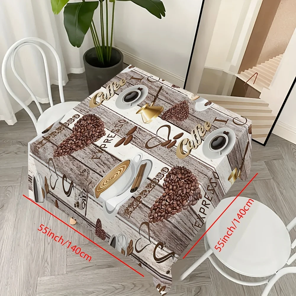One rectangular polyester fabric tablecloth, available in various sizes, featuring a wood grain pattern with coffee elements.zyc