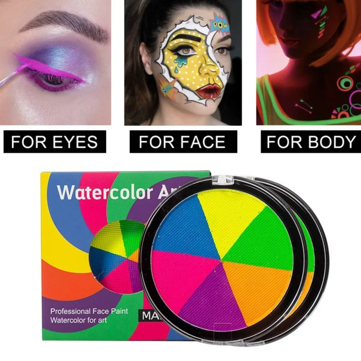 Kit de pintura fluorescente para cara y cuerpo, maquillaje de ojos para fiesta de Halloween, Cara de niños, kit de pintura brillante UV shied, maquillaje de cosplay al por mayor