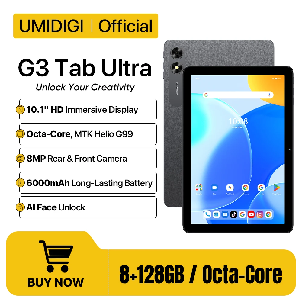 UMIDIGI G3 Tab Ultra Android 13 10.1” HD MTK G99 Octa-Core 8+8GB 128GB 6000mAh Battery Gaming Tablets Android Dual SIM Card