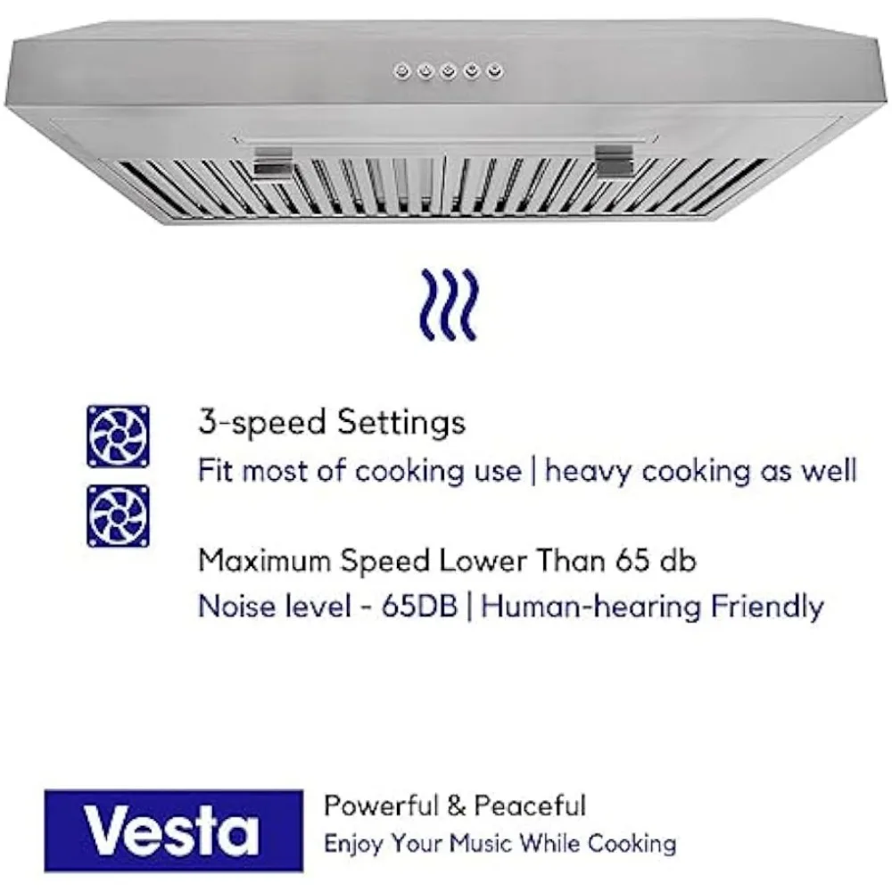 750CFM kuat 30 ''bawah kabinet Range Hood 3 kecepatan kontrol tombol mekanis, bulat 6" Top Vent,Baffle filter dan lampu LED