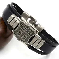 Trendy American Route 66 Design Pattern Bracelet Men's Bracelet Metal Multilayer PU Leather Bracelet Accessories New Party
