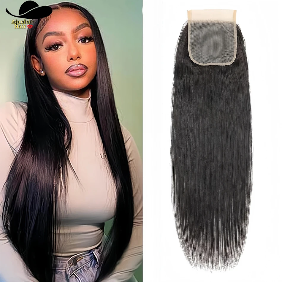 Ajunlele 4x4 Chiusura in pizzo con capelli del bambino Lisci Capelli umani al 100% Chiusura in pizzo trasparente Capelli brasiliani di Remy Nero naturale