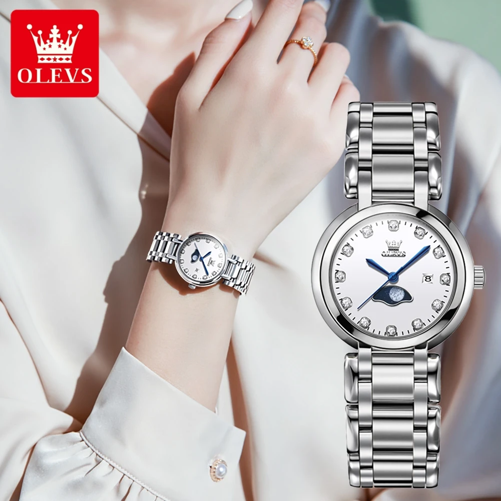 OLEVS-Relógio de luxo quartzo diamante para mulheres, pulseira de aço inoxidável, relógios impermeáveis, moda, data, fases da lua, novíssimo