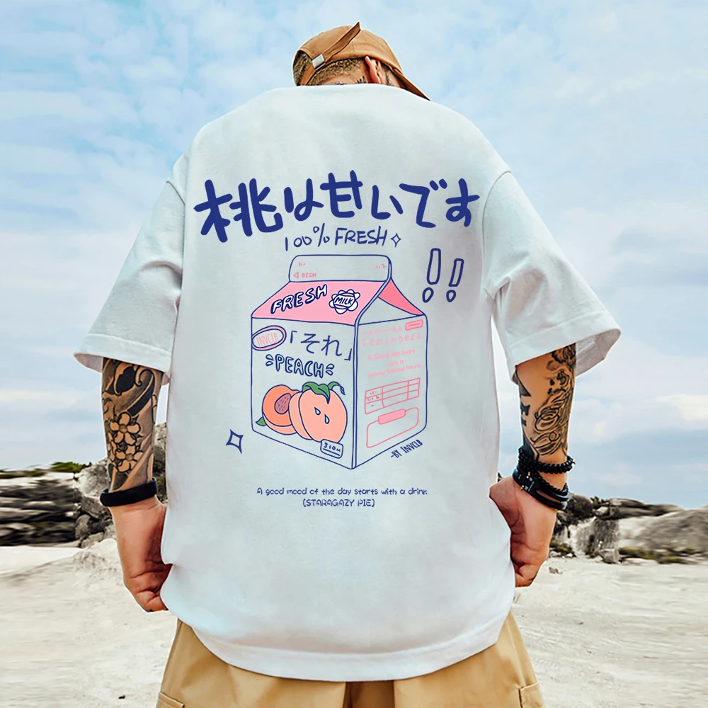 

Drinking Peach Juice Brings A Beautiful Mood Tee Clothing Mans Versatile Daily T-Shirts Aesthetic Funny Tees Short Sleeved