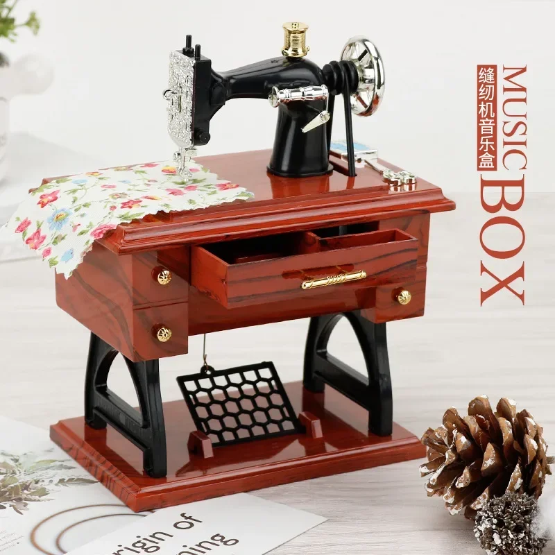 Vintage Music Box Mini Sewing Machine Mechanical Christmas Gift Table Decor Musical Toy