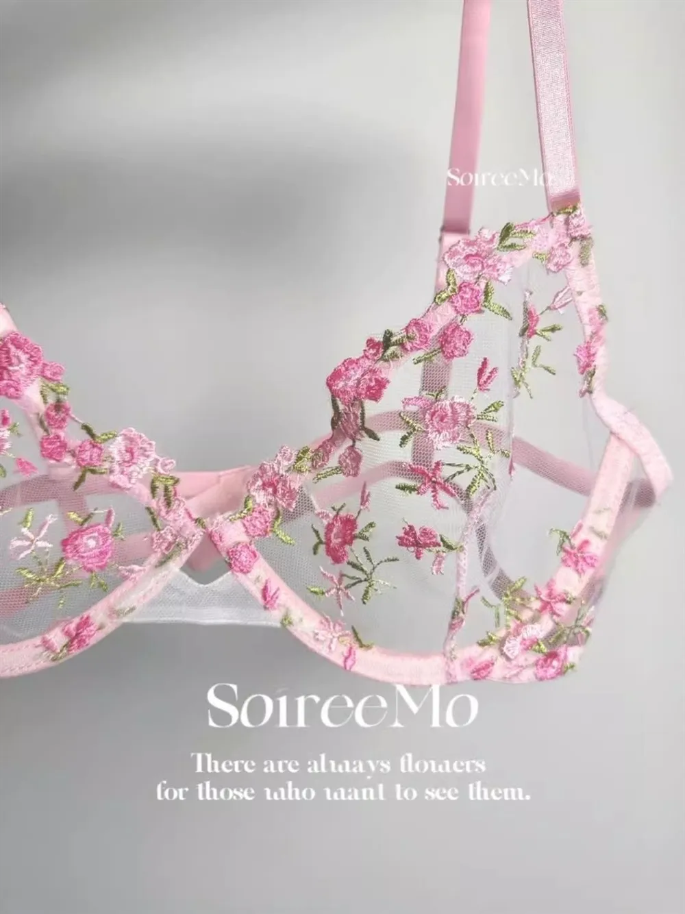 Vintage Französische Dienstmädchen-Sexy-Dessous, durchsichtiges Set mit Blumenstickerei, schwere Spitze, 32–38 AB, bequeme Unterwäsche in Übergröße MOYISU – Detail 13