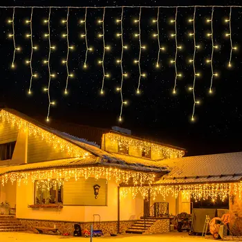 Dekoracje świąteczne 2025 Led Lights Outdoor Street Garland 8/12M Wodoodporne złącze Icicle Light New Year 2025 Decor for Home