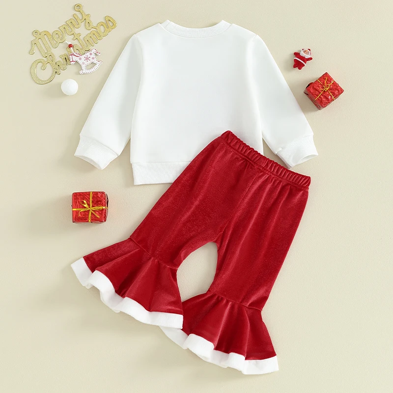 Ensemble de tenues de Noël 2 pièces pour tout-petits, sweat-shirt à manches longues, pantalon évasé en velours, vêtements de fête pour bébé fille