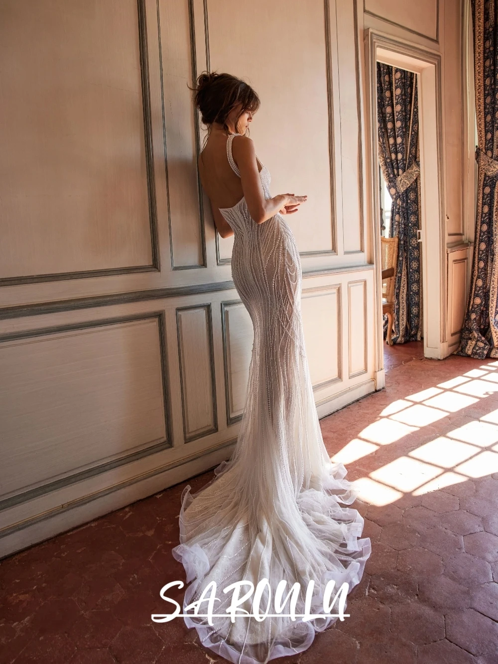 Hand Sewn Pearls Wedding Dress, Unique Classy Sheer Lace Mermaid Bridal Gown, Delicate Sweetheart Neck Women Wear, Customized