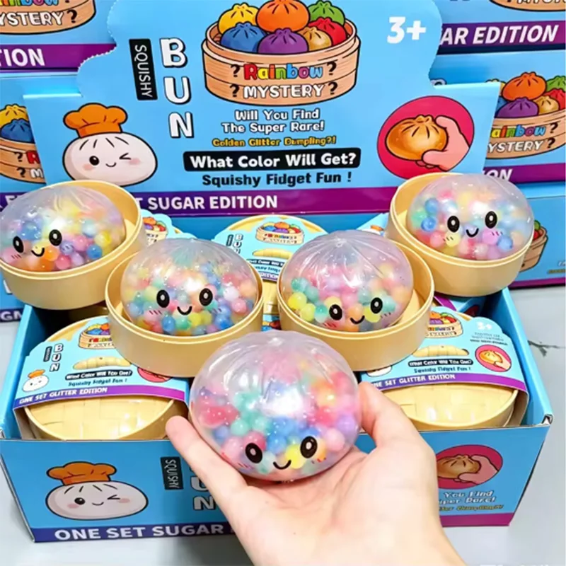 Rainbow Dumpling Squishy with Bead Sensory Squeeze Toy for Stress Relief with Bamboo Steamer Funny Gift