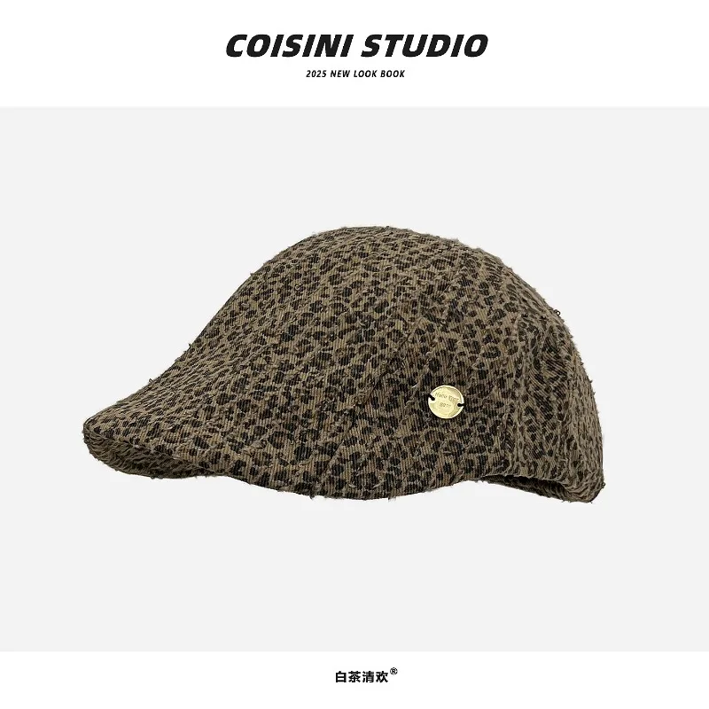 الأمريكية الرجعية كسر ليوبارد طباعة شخصية إلى الأمام قبعة المرأة الربيع والخريف تنوعا مزاجه قصيرة حافة القبعات #2