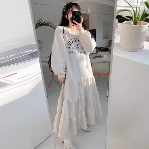 프린트 스커트 긴팔 여성용 루즈핏 가을 프린트 드레스 긴팔 루즈핏 여성용 레이어드 드레스 스커트 드레스 