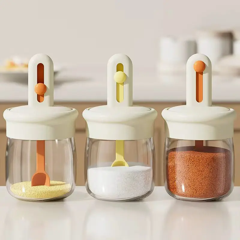 Kitchen Glass Seasoning Bottle With Retractable Spoon Multifunctional Leak Proof And Moisture-Proof Salt Jar Seasoning Bottle