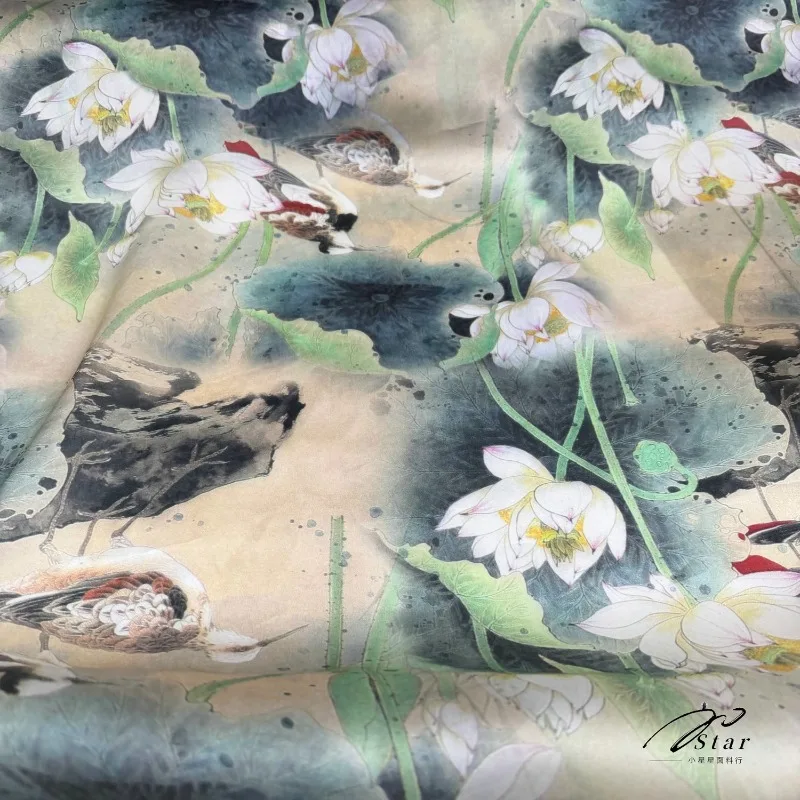 Chinese Style Lotus Silk Organza Fabric 16mm Mulberry Silk Satin Silk Organza Fabric