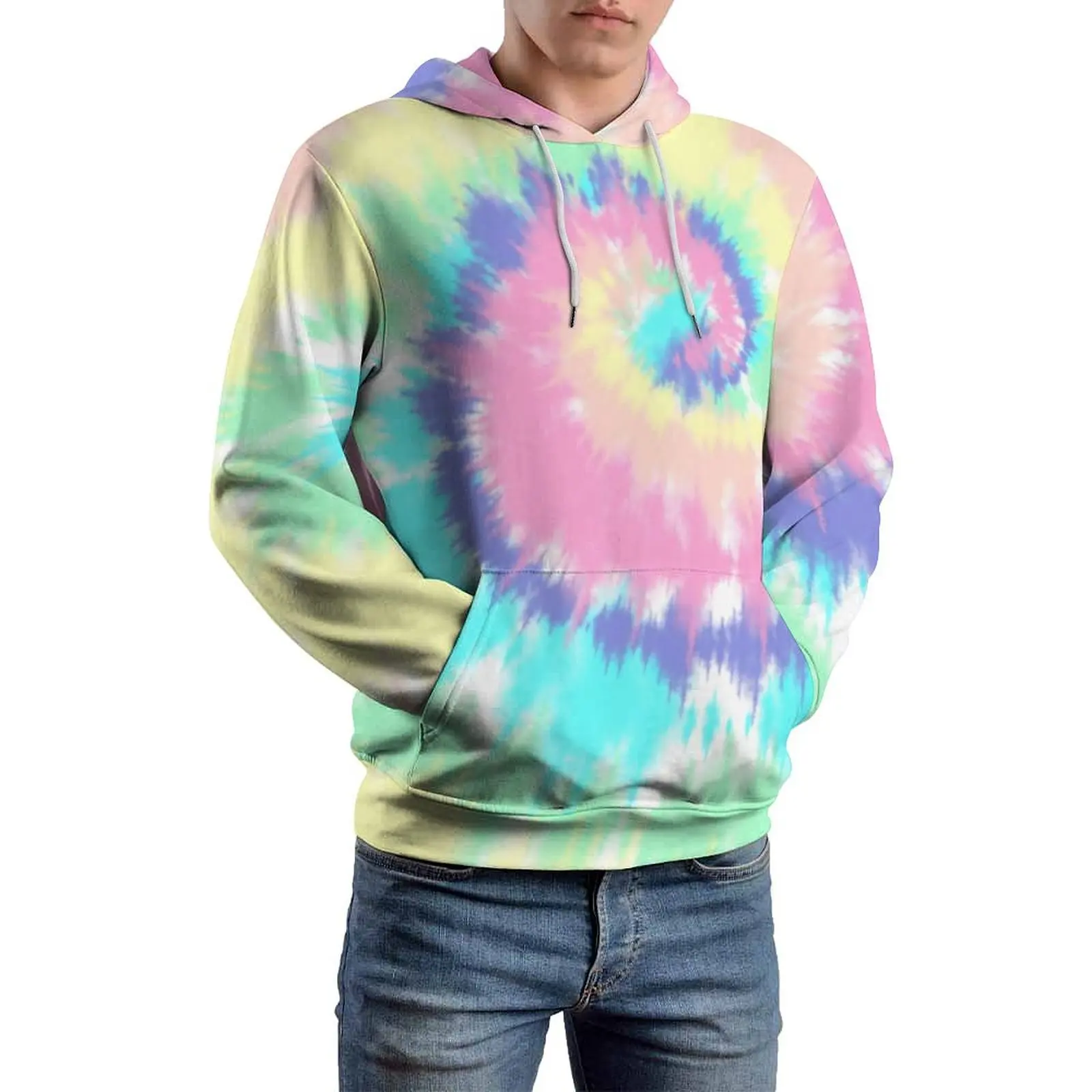 

Tie Dye Print Casual Hoodies Men Pastel Rainbow Harajuku Custom Hooded Sweatshirts Winter Long Sleeve Streetwear Oversize Hoodie