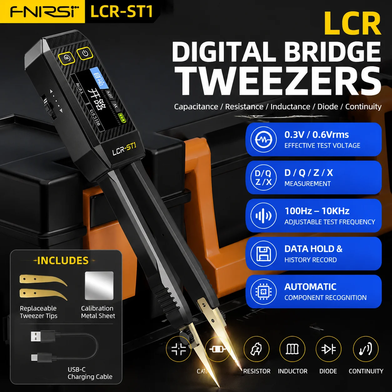 FNIRSI LCR-ST1 Mini Smart Tweezer LCR SMD ESR Tester Resistance Capacitance Inductance Continuity Diode Test Measurement Tool