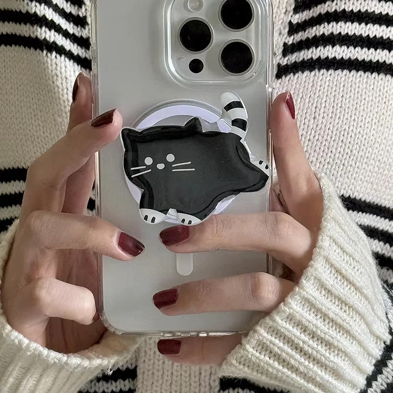 Korea Cute Cartoon Black Cat Magnetic Holder Grip Tok Griptok Phone Stand Holder Support For iPhone 15 For Pad Magsafe Smart Tok