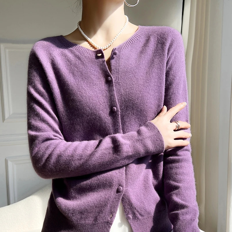 Women\'s 100% Pure Wool Cardigan, Round Neck Loose Outerwear for Spring and Autumn New Solid Color Knit Long Sleeve Cashmere Base