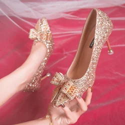 Buty ślubne Bling Shiny Thin Heels Pumps for Women 2024 Crystal Bow High Heels Shoes Woman Fashion Glitter Wedding Party Shoes