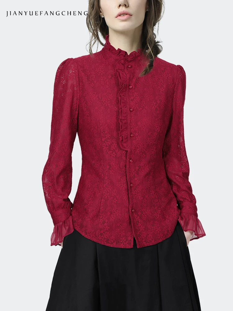 Fashion Hook Flower Hollow Wine Red Lace Shirt Women\' 2024 Spring Summer Tops Elegant Slim Ruffles Retro Casual Female Shirts