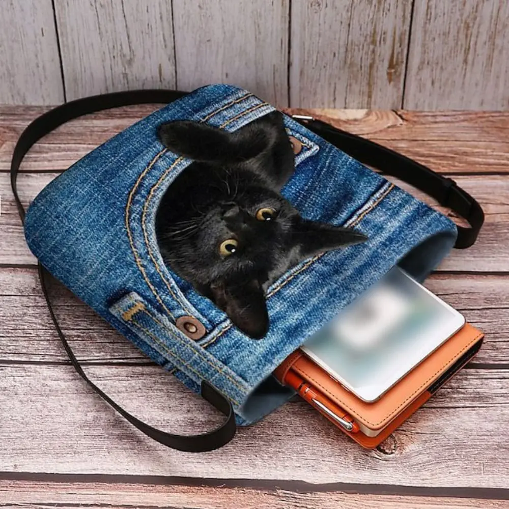 Adjustable Strap Cat Print Crossbody Bag Buckle Closure Retro Animal Theme Shoulder Bag Korean Style Polyester School Tote Bag