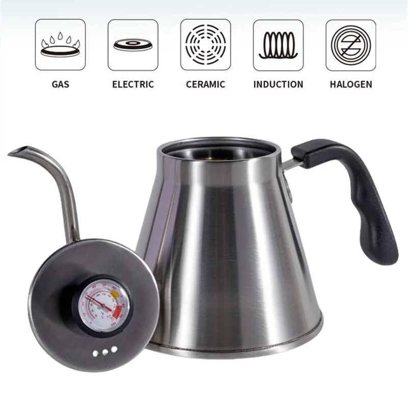 Stainless Steel Gooseneck Kettle Fit Induction Cooker/Gas Stoves Hand Drip Coffee Kettle with Thermometer Coffee Pot 1.2L