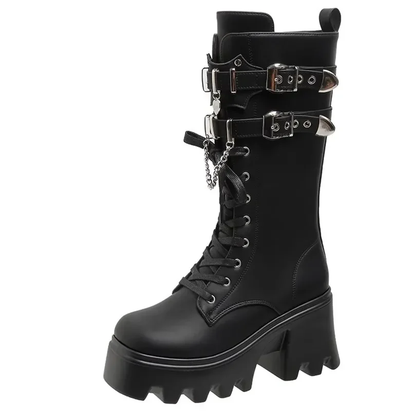 

Autumn Women Punk Style Platform Mid-calf Boots Thick Sole Leather Motorcycle Boots 9CM Chunky Metal Buckle Short Boots Woman