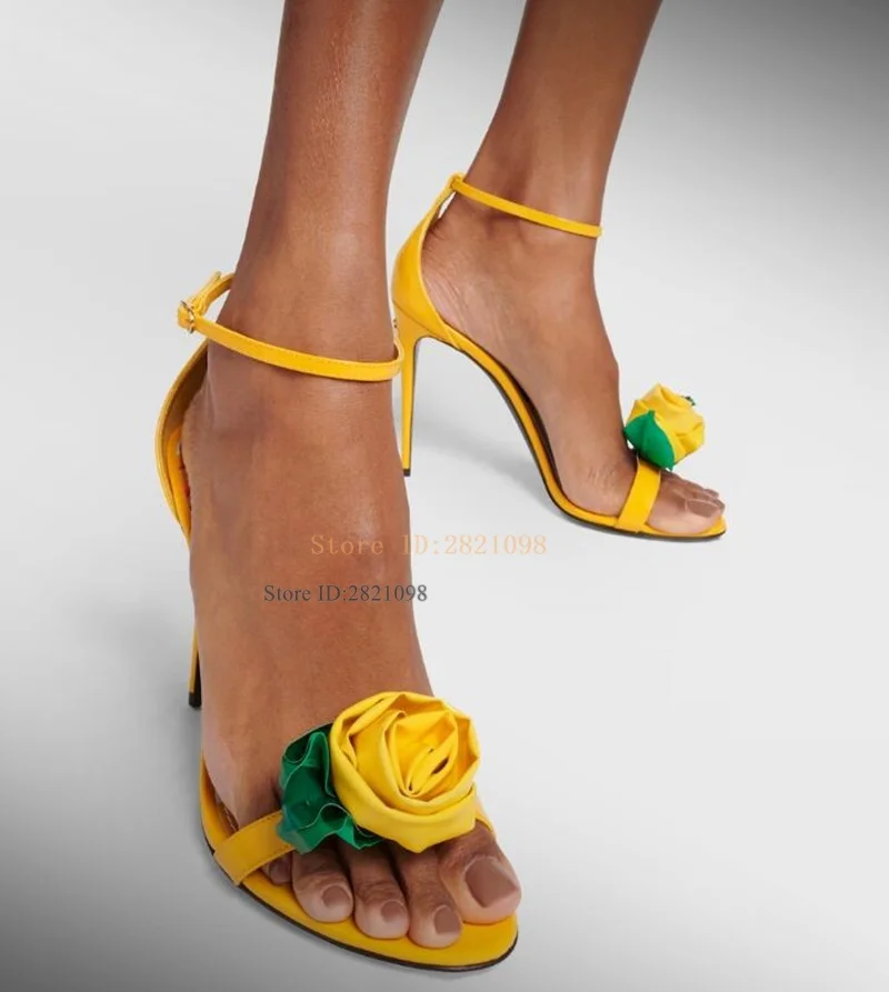 Yellow Floral Applique Patent Leather Thin Heeled Sandals Round Open Toe Women\'s High Heel Ankle Wrap Show Shoes