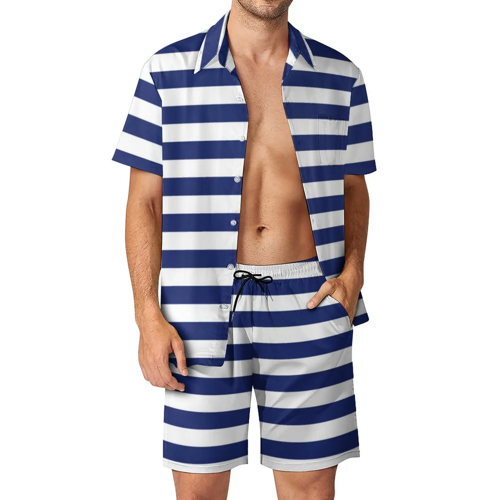 Retro Nautical Men Sets Navy Blue and White Stripe Casual Shorts Summer Streetwear Outdoor Shirt Set Short Sleeves Big Size Suit