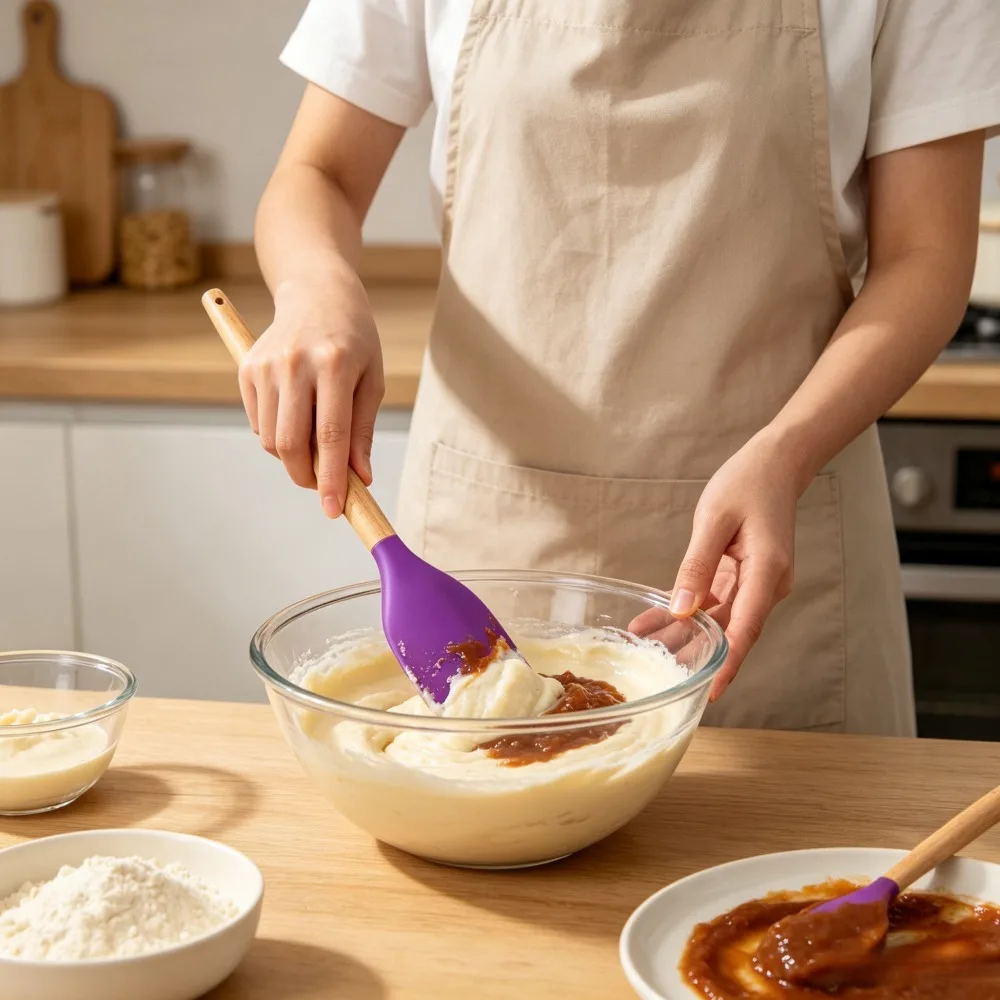 1 Pack Purple Silicone Spatula with Wooden Handle, Non-Stick Heat Resistant Baking Scraper, Food Grade Silicone Mixing Scraper for Cake Cream Batter Cooking Baking