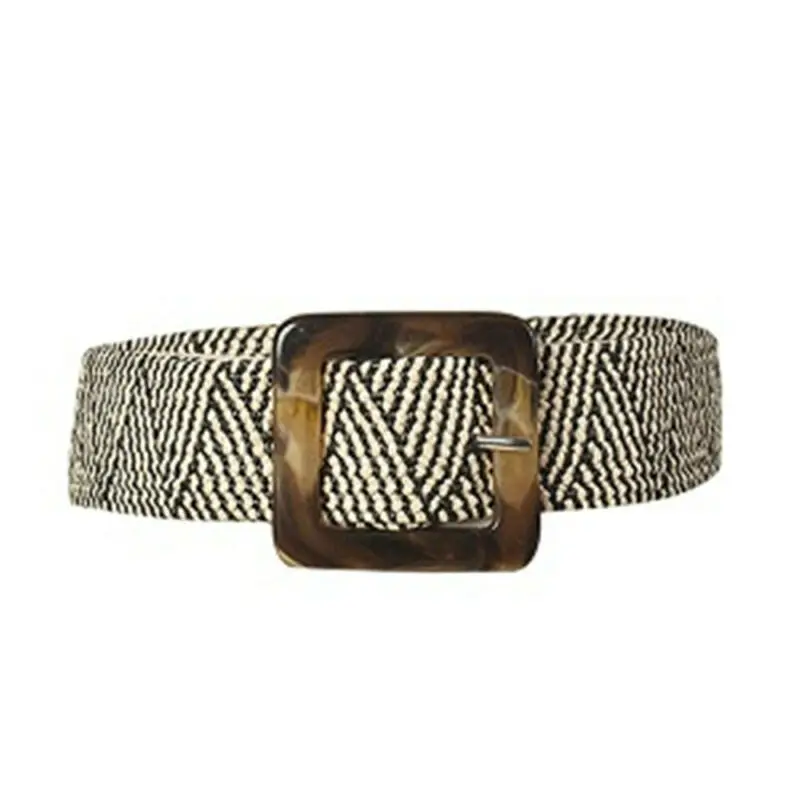 Women Belt Straw Casual Ultra Wide Belt Female Woven Vintage Carved Wood Buckle Elastic Belt Decoration Dress Shirt Waist Seal