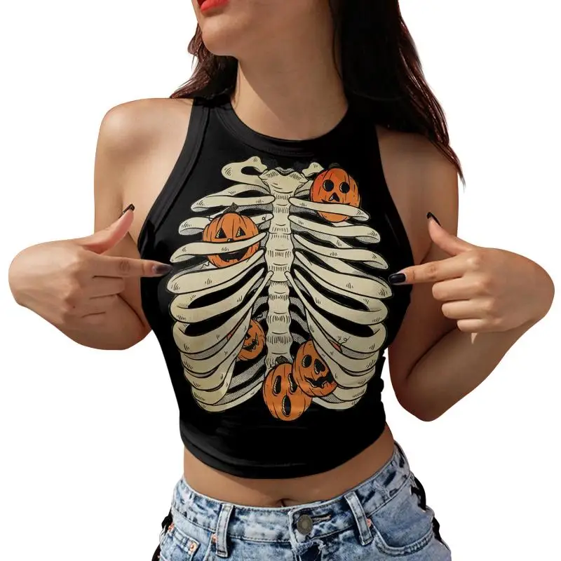 Nadanbao Damen-Crop-Top mit Geister-Kürbis-Print, kurze Weste mit Rosen-Totenkopf-Muster, sexy, schmales, ärmelloses Hemd, Halloween-Party-Top – Detail 19