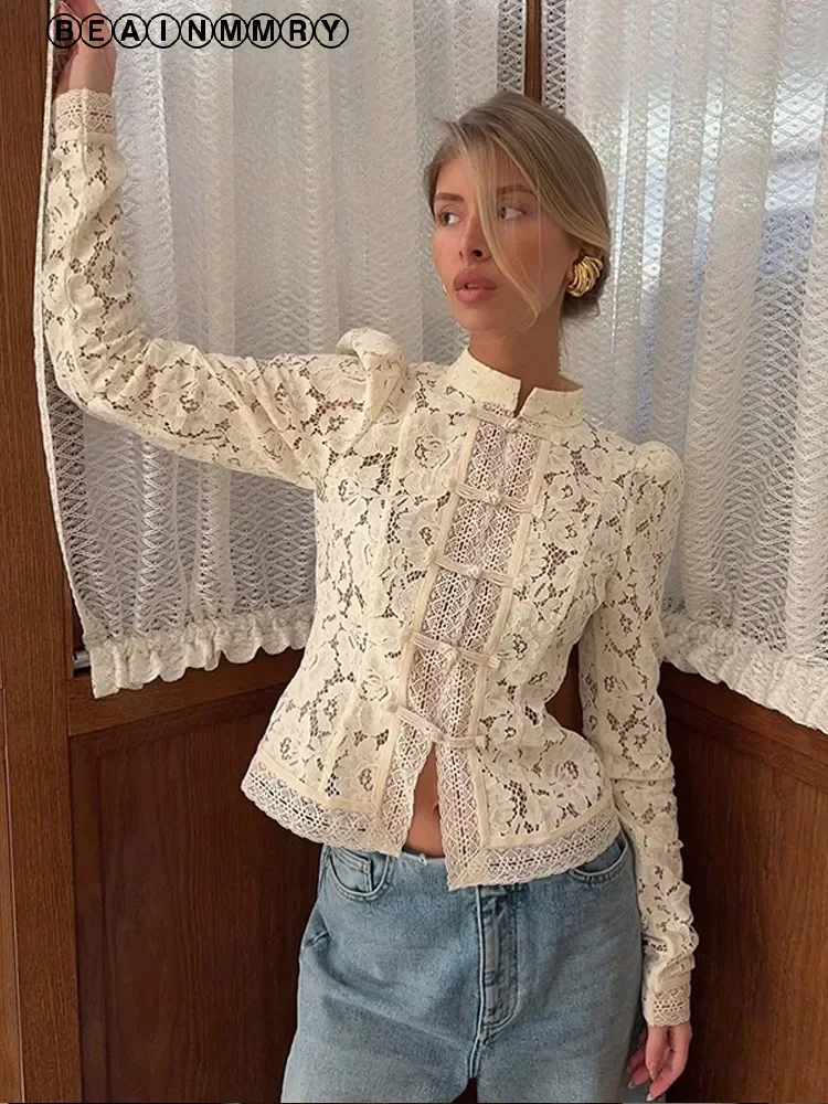 قميص نسائي صيني بتصميم عتيق بخصر من الدانتيل بلوزات نسائية أنيقة بياقة دائرية وأكمام طويلة بلوزات متماسكة ضيقة لصيف 2025 بلوزة عالية جديدة للسيدات #2
