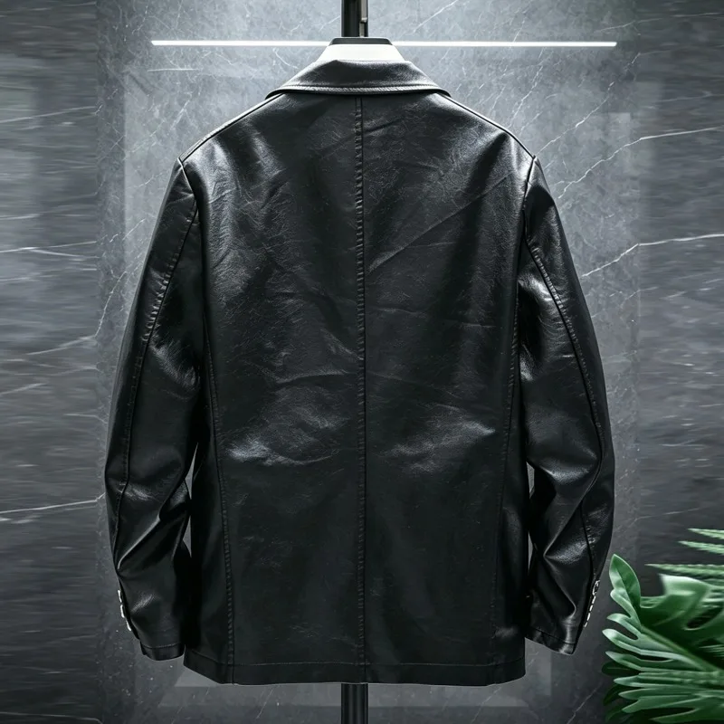 KIDWHXR Man Leather Suit Jacket Korean Turn Down Collar Pocket Men Outerwear Slim Long Sleeve Business Casual Male Blazer